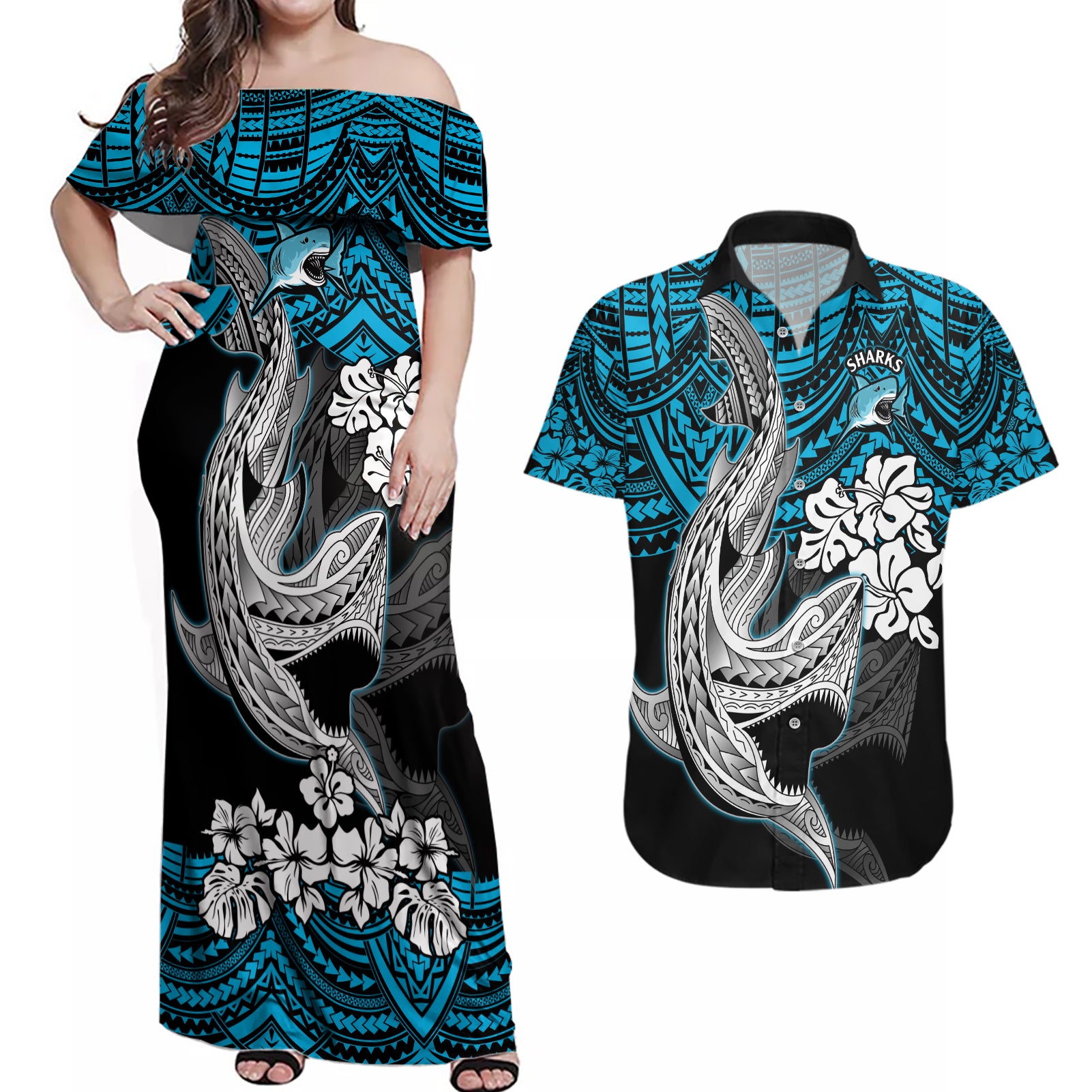 custom-sharks-rugby-couples-matching-off-shoulder-maxi-dress-and-hawaiian-shirt-hibiscus-and-sharkies-tattoo-with-polynesian-pattern
