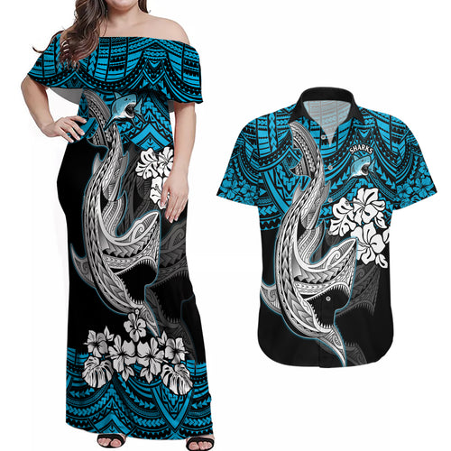 custom-sharks-rugby-couples-matching-off-shoulder-maxi-dress-and-hawaiian-shirt-hibiscus-and-sharkies-tattoo-with-polynesian-pattern
