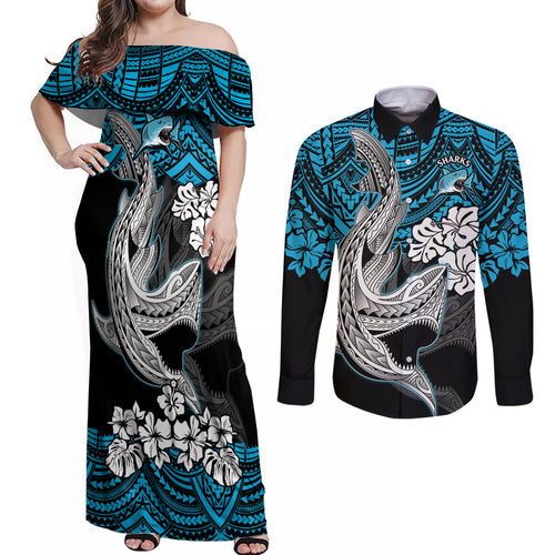 custom-sharks-rugby-couples-matching-off-shoulder-maxi-dress-and-long-sleeve-button-shirt-hibiscus-and-sharkies-tattoo-with-polynesian-pattern