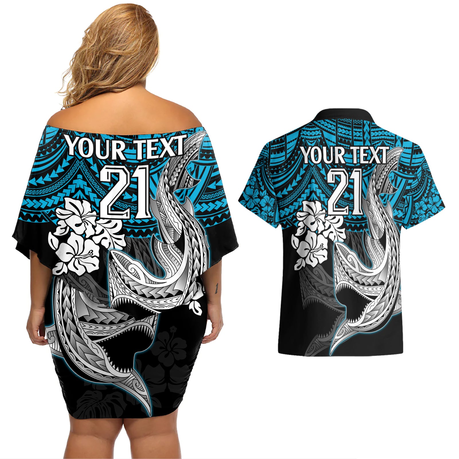 custom-sharks-rugby-couples-matching-off-shoulder-short-dress-and-hawaiian-shirt-hibiscus-and-sharkies-tattoo-with-polynesian-pattern