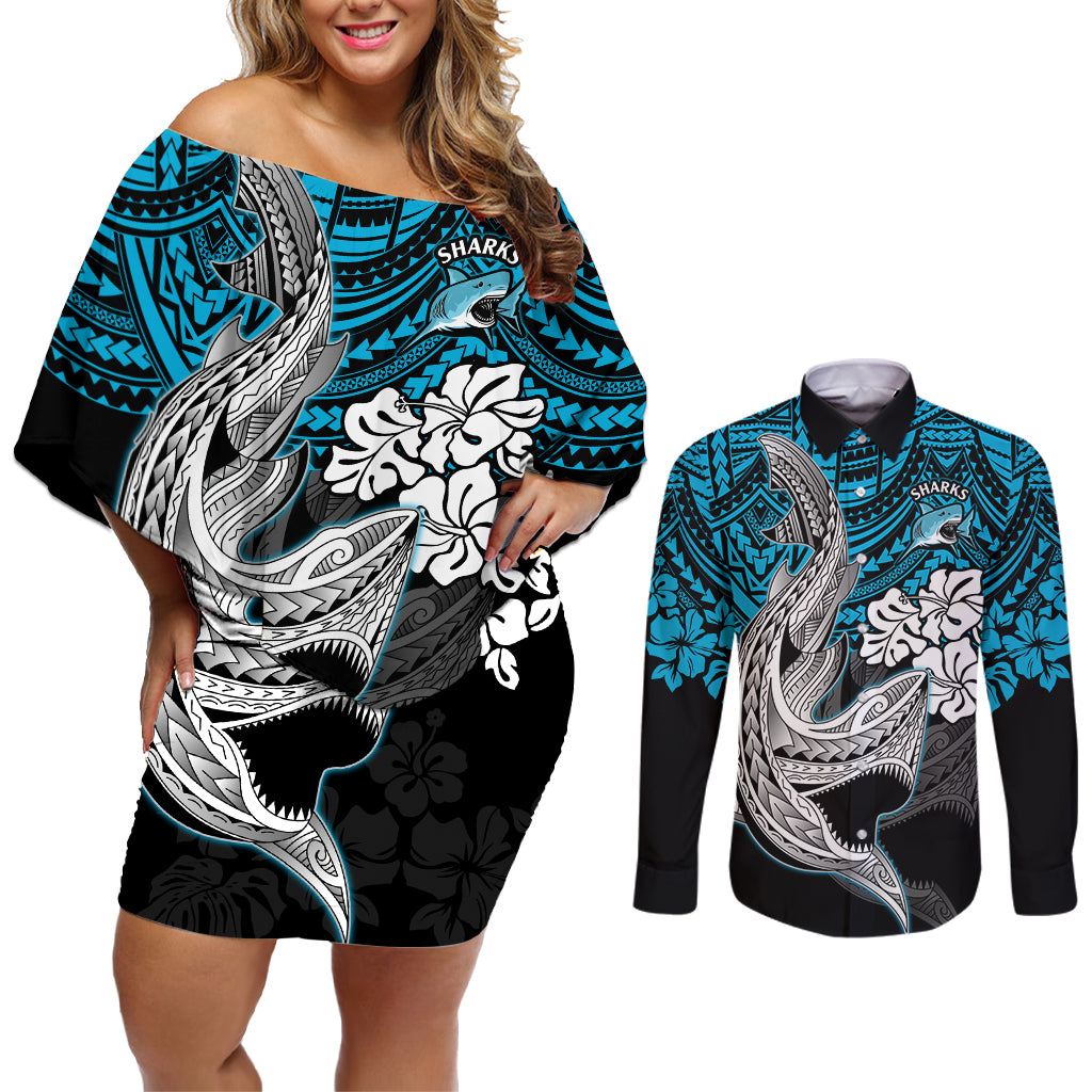 custom-sharks-rugby-couples-matching-off-shoulder-short-dress-and-long-sleeve-button-shirt-hibiscus-and-sharkies-tattoo-with-polynesian-pattern
