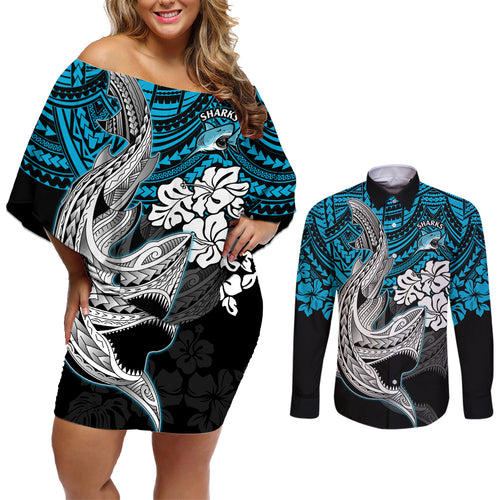 custom-sharks-rugby-couples-matching-off-shoulder-short-dress-and-long-sleeve-button-shirt-hibiscus-and-sharkies-tattoo-with-polynesian-pattern