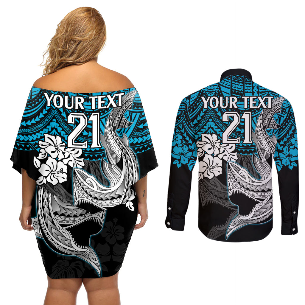 custom-sharks-rugby-couples-matching-off-shoulder-short-dress-and-long-sleeve-button-shirt-hibiscus-and-sharkies-tattoo-with-polynesian-pattern