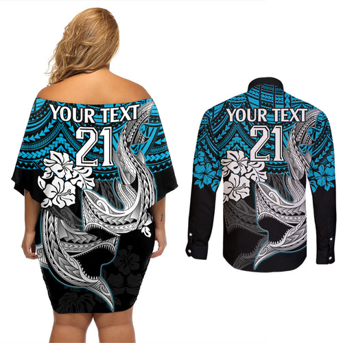 custom-sharks-rugby-couples-matching-off-shoulder-short-dress-and-long-sleeve-button-shirt-hibiscus-and-sharkies-tattoo-with-polynesian-pattern