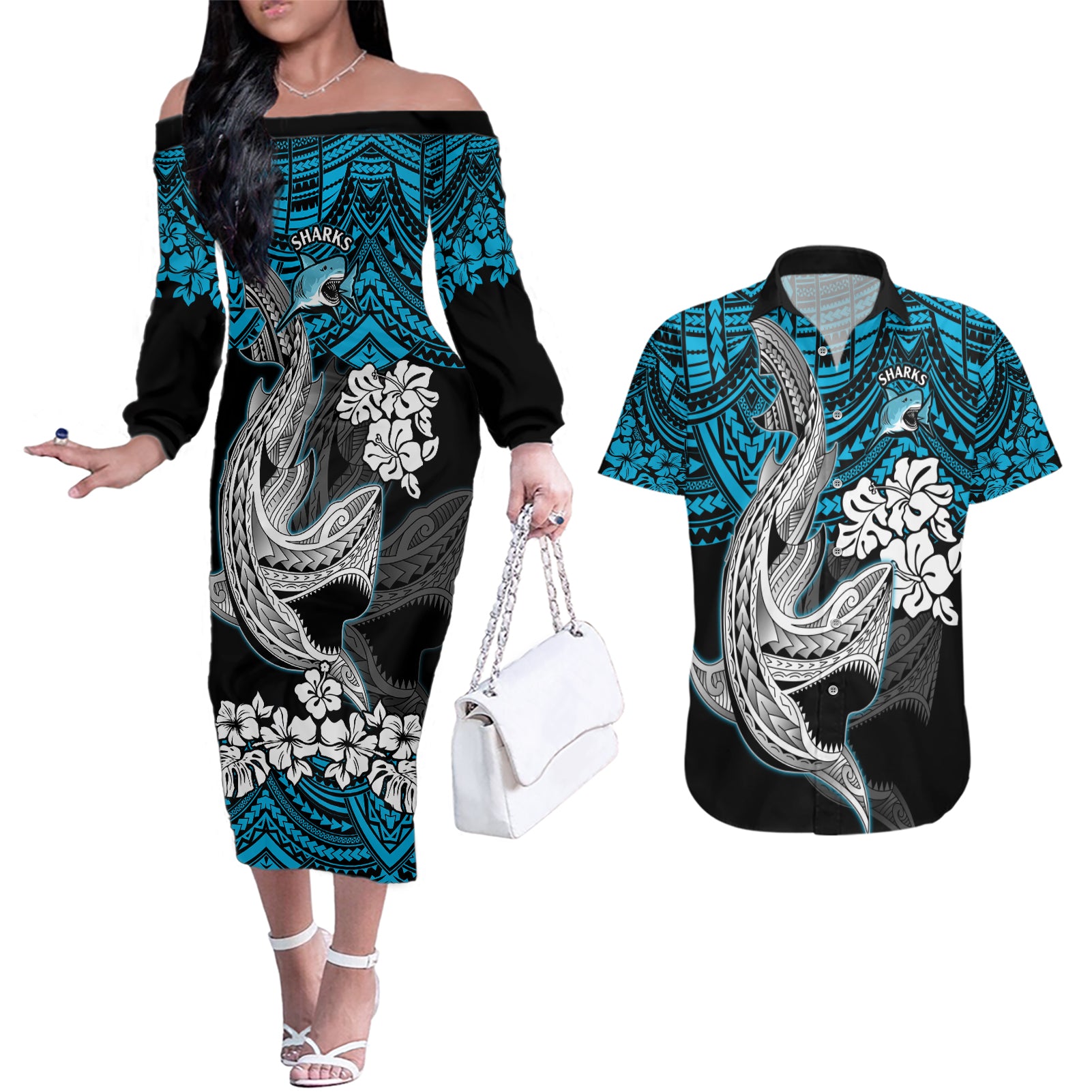custom-sharks-rugby-couples-matching-off-the-shoulder-long-sleeve-dress-and-hawaiian-shirt-hibiscus-and-sharkies-tattoo-with-polynesian-pattern
