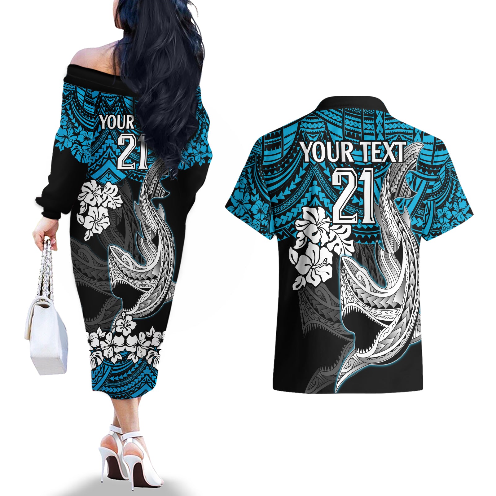 custom-sharks-rugby-couples-matching-off-the-shoulder-long-sleeve-dress-and-hawaiian-shirt-hibiscus-and-sharkies-tattoo-with-polynesian-pattern