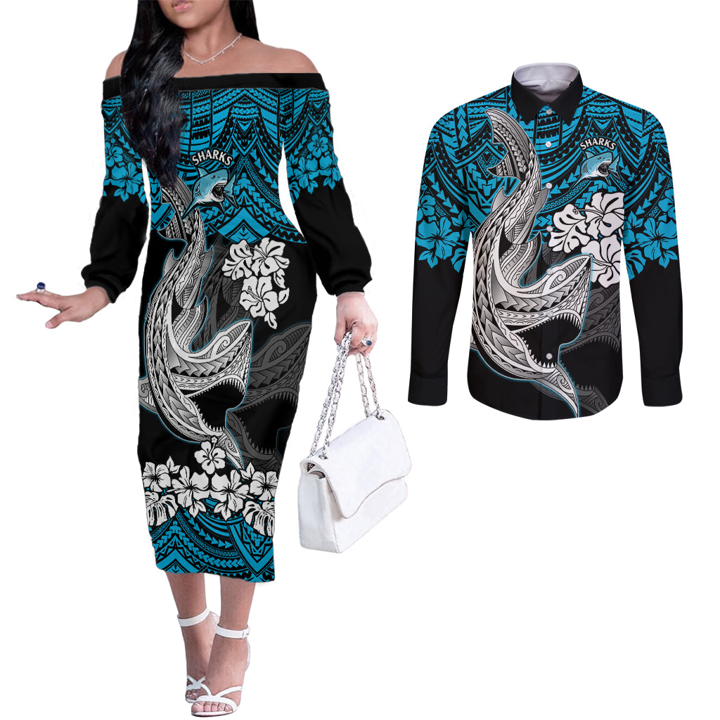 custom-sharks-rugby-couples-matching-off-the-shoulder-long-sleeve-dress-and-long-sleeve-button-shirt-hibiscus-and-sharkies-tattoo-with-polynesian-pattern