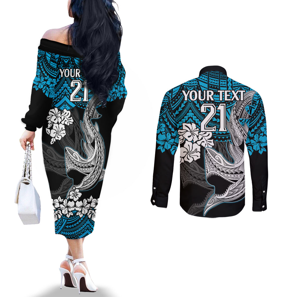 custom-sharks-rugby-couples-matching-off-the-shoulder-long-sleeve-dress-and-long-sleeve-button-shirt-hibiscus-and-sharkies-tattoo-with-polynesian-pattern