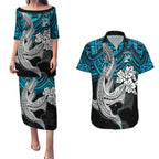 custom-sharks-rugby-couples-matching-puletasi-dress-and-hawaiian-shirt-hibiscus-and-sharkies-tattoo-with-polynesian-pattern