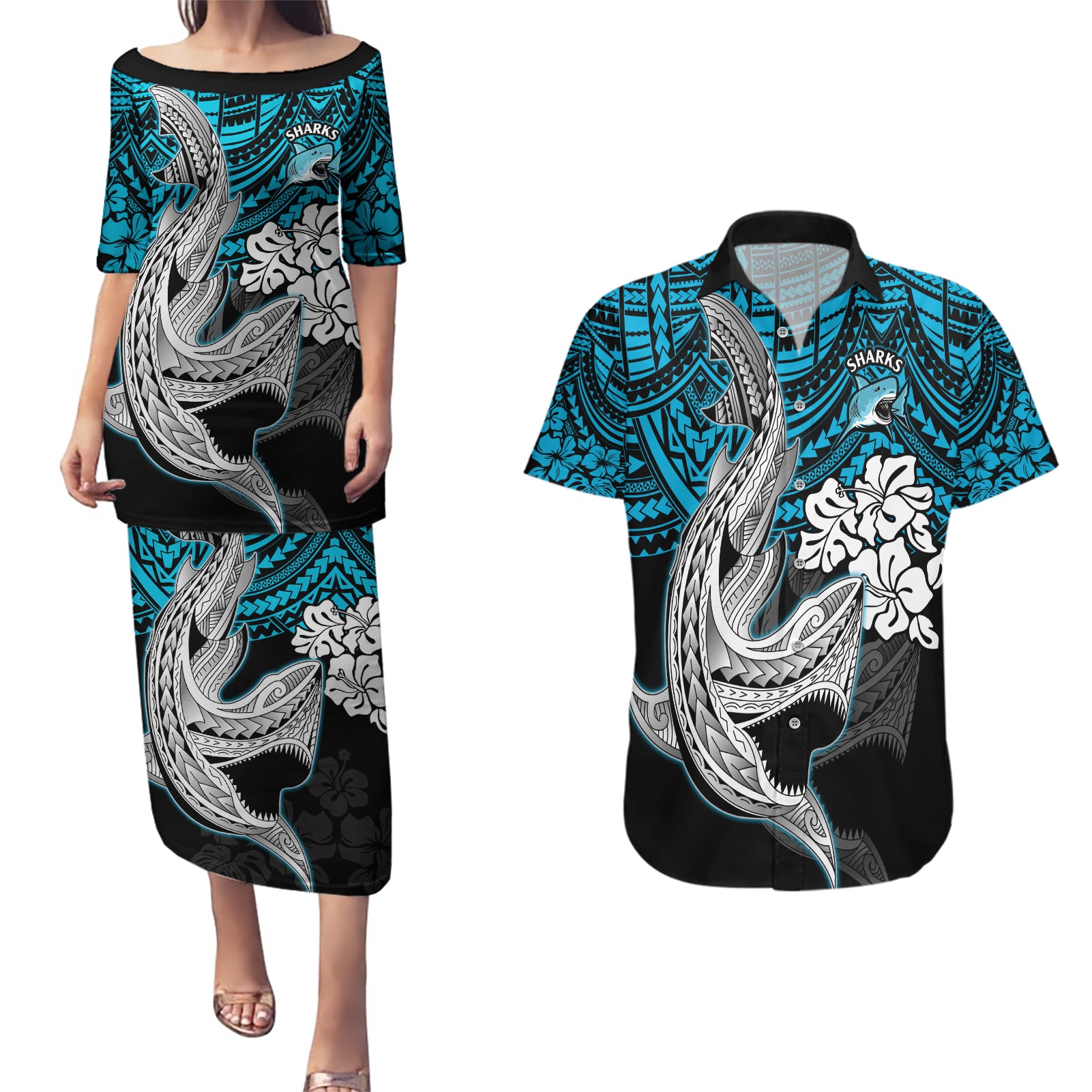 custom-sharks-rugby-couples-matching-puletasi-dress-and-hawaiian-shirt-hibiscus-and-sharkies-tattoo-with-polynesian-pattern