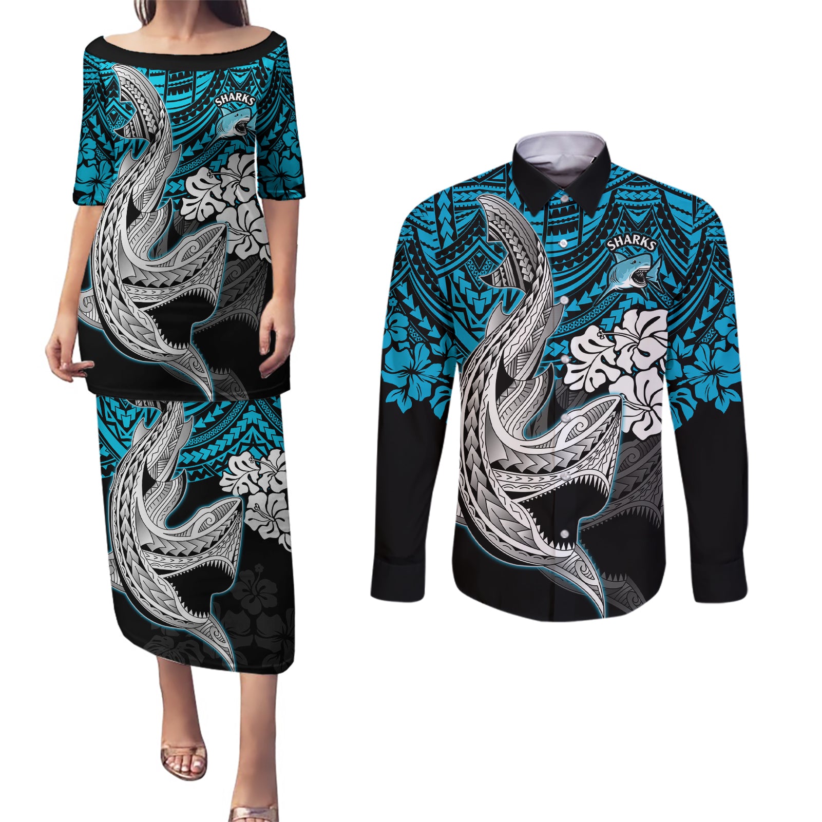 custom-sharks-rugby-couples-matching-puletasi-dress-and-long-sleeve-button-shirt-hibiscus-and-sharkies-tattoo-with-polynesian-pattern