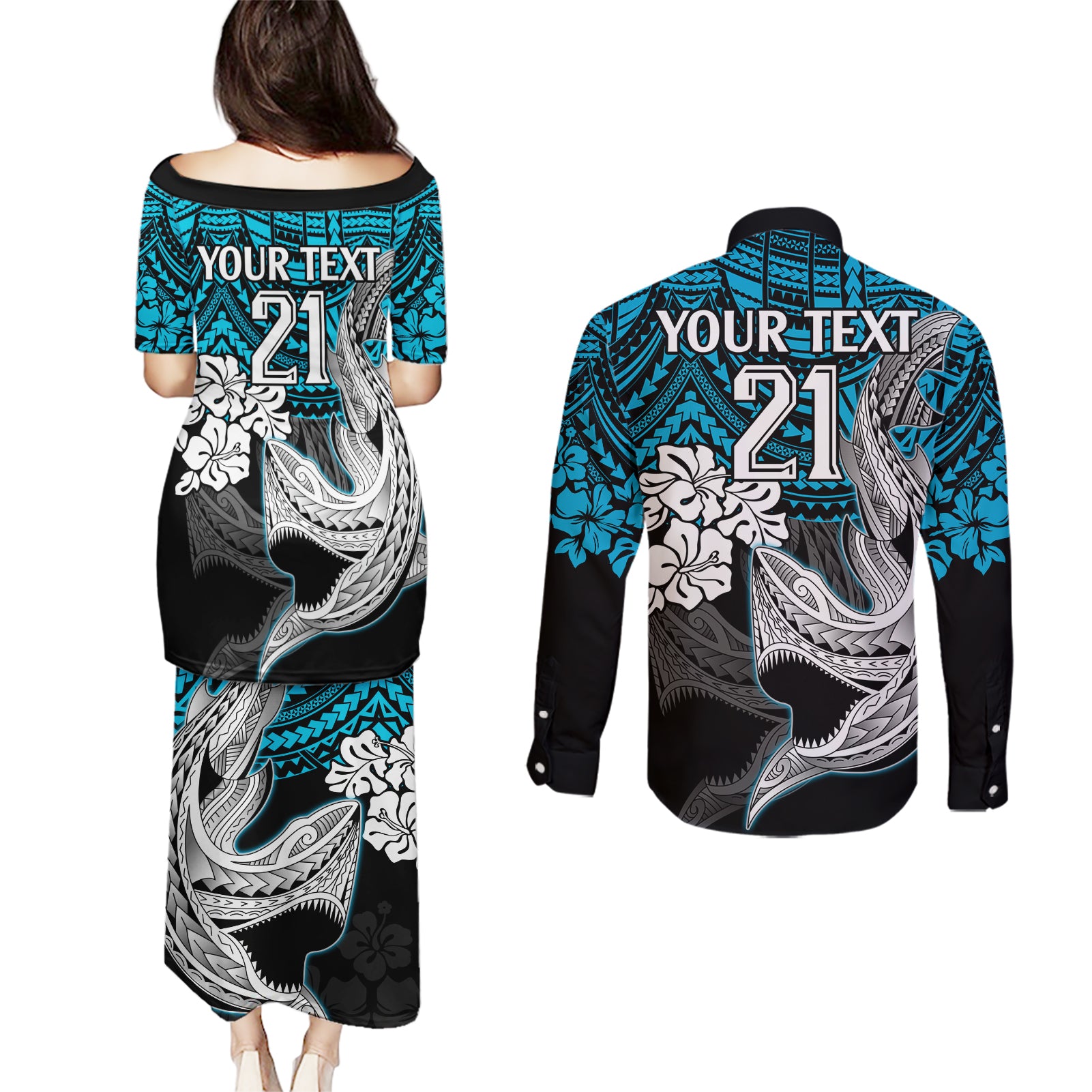 custom-sharks-rugby-couples-matching-puletasi-dress-and-long-sleeve-button-shirt-hibiscus-and-sharkies-tattoo-with-polynesian-pattern