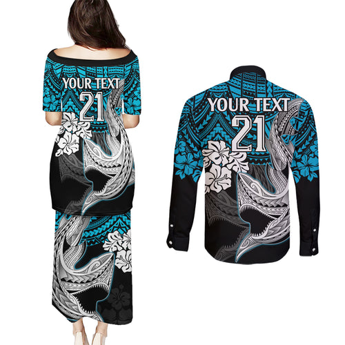 custom-sharks-rugby-couples-matching-puletasi-dress-and-long-sleeve-button-shirt-hibiscus-and-sharkies-tattoo-with-polynesian-pattern