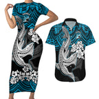custom-sharks-rugby-couples-matching-short-sleeve-bodycon-dress-and-hawaiian-shirt-hibiscus-and-sharkies-tattoo-with-polynesian-pattern