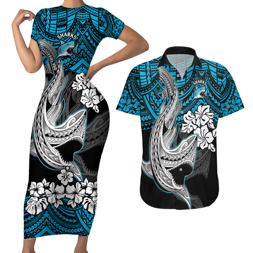 custom-sharks-rugby-couples-matching-short-sleeve-bodycon-dress-and-hawaiian-shirt-hibiscus-and-sharkies-tattoo-with-polynesian-pattern