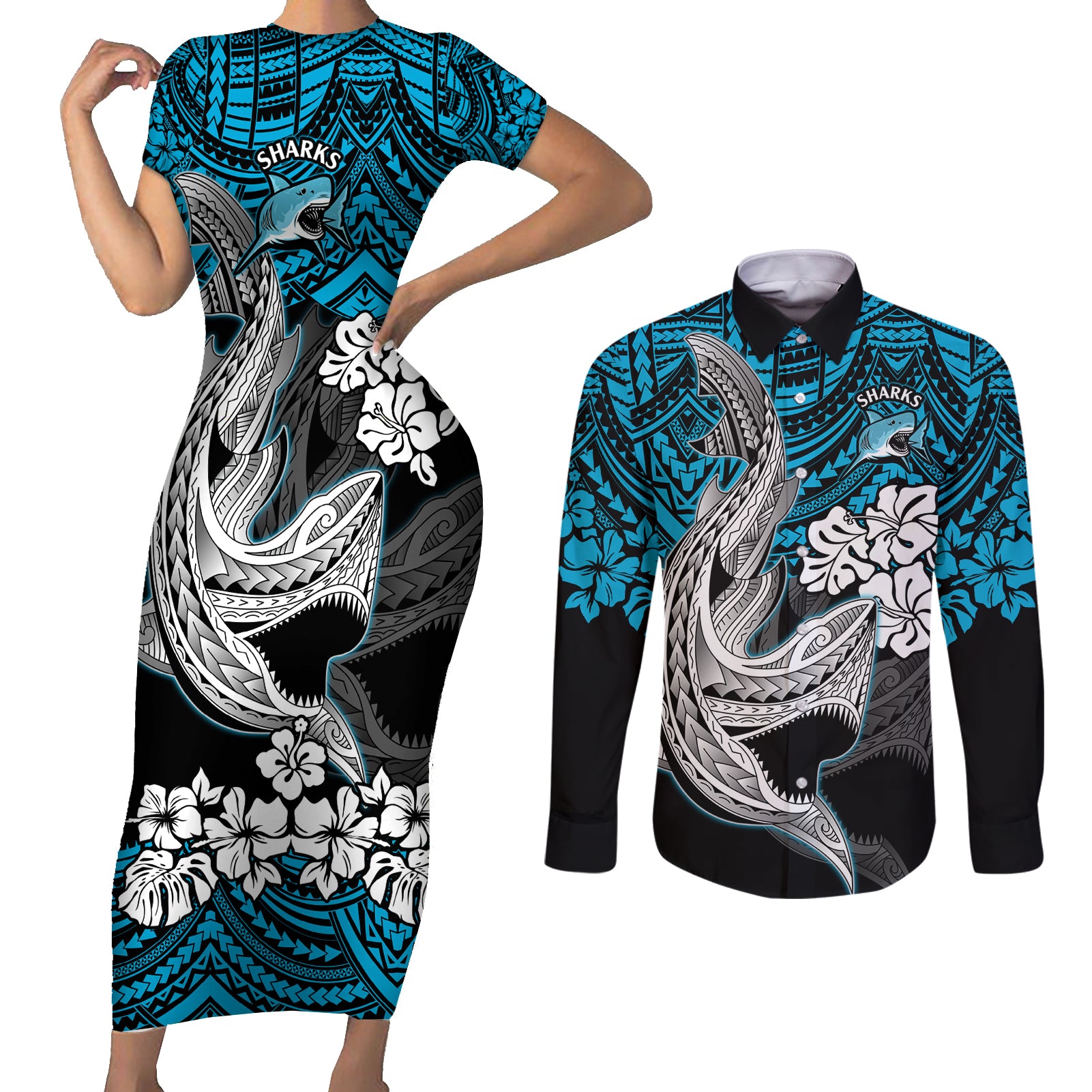 custom-sharks-rugby-couples-matching-short-sleeve-bodycon-dress-and-long-sleeve-button-shirt-hibiscus-and-sharkies-tattoo-with-polynesian-pattern