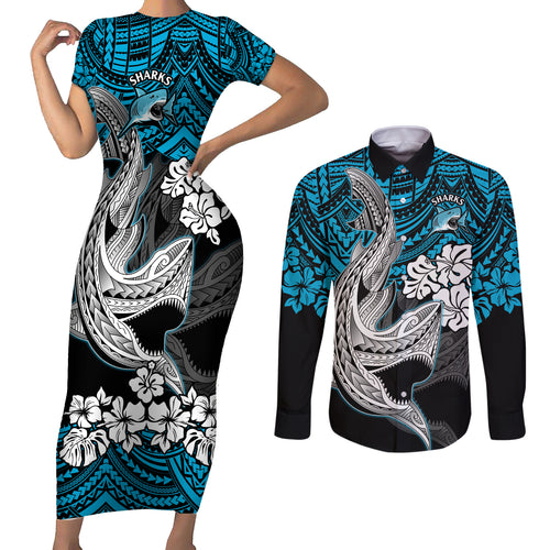 custom-sharks-rugby-couples-matching-short-sleeve-bodycon-dress-and-long-sleeve-button-shirt-hibiscus-and-sharkies-tattoo-with-polynesian-pattern