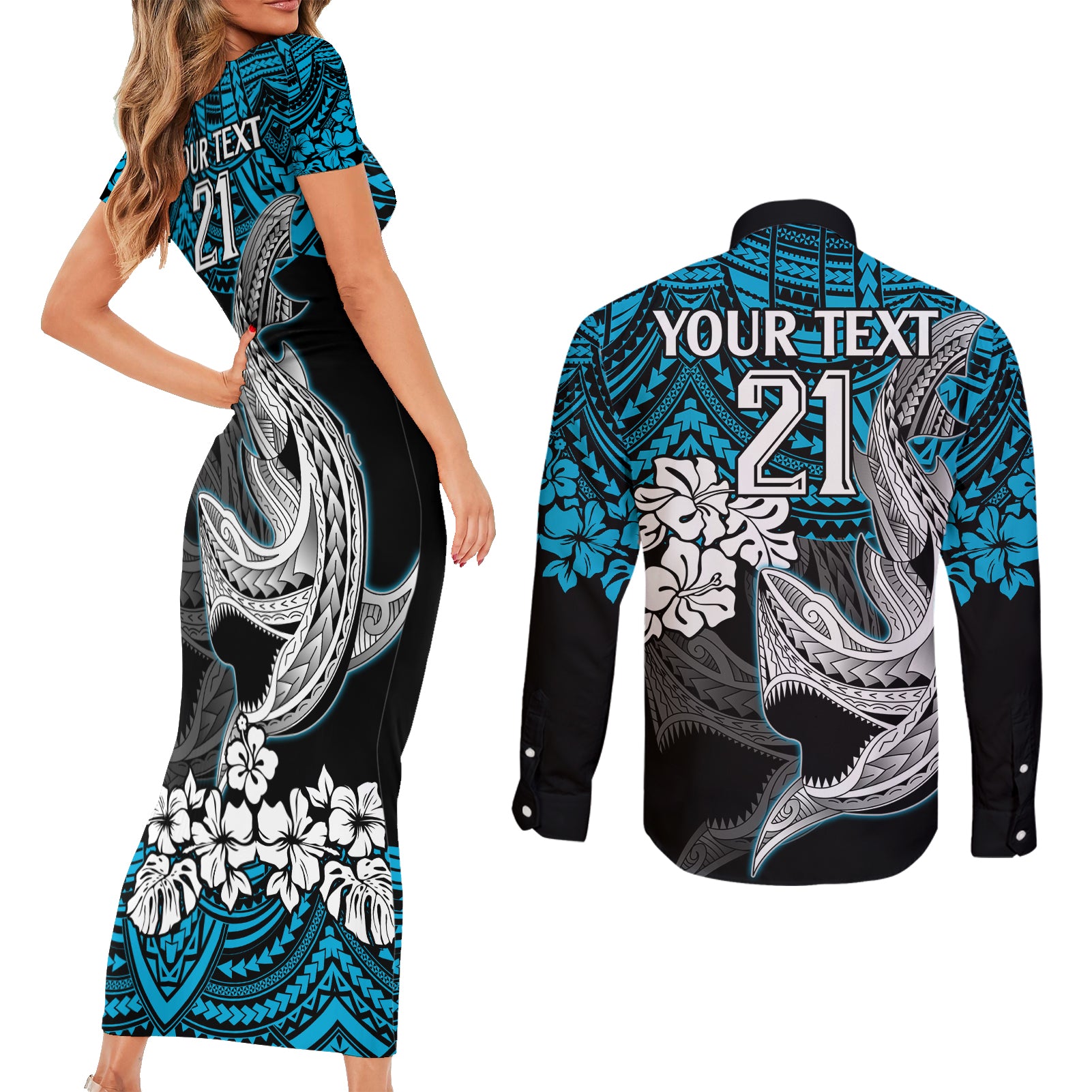 custom-sharks-rugby-couples-matching-short-sleeve-bodycon-dress-and-long-sleeve-button-shirt-hibiscus-and-sharkies-tattoo-with-polynesian-pattern