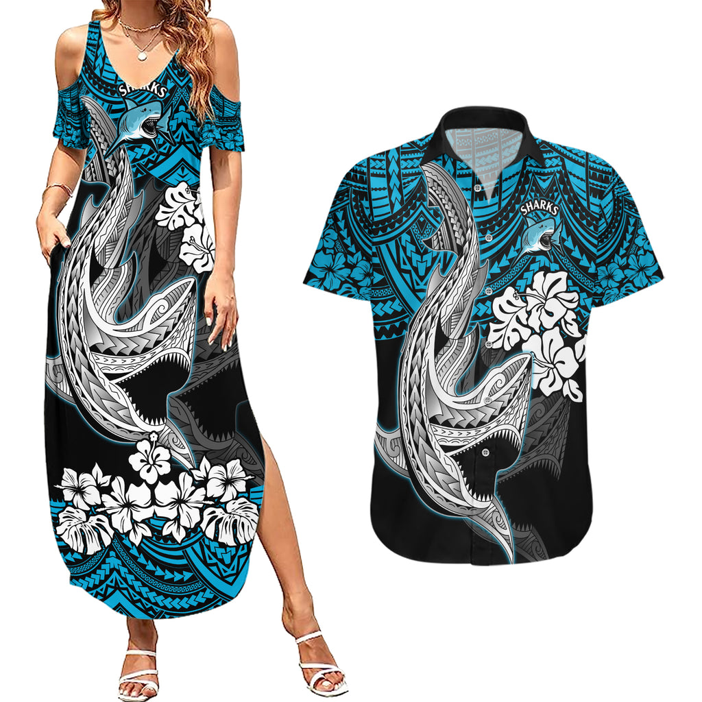 custom-sharks-rugby-couples-matching-summer-maxi-dress-and-hawaiian-shirt-hibiscus-and-sharkies-tattoo-with-polynesian-pattern