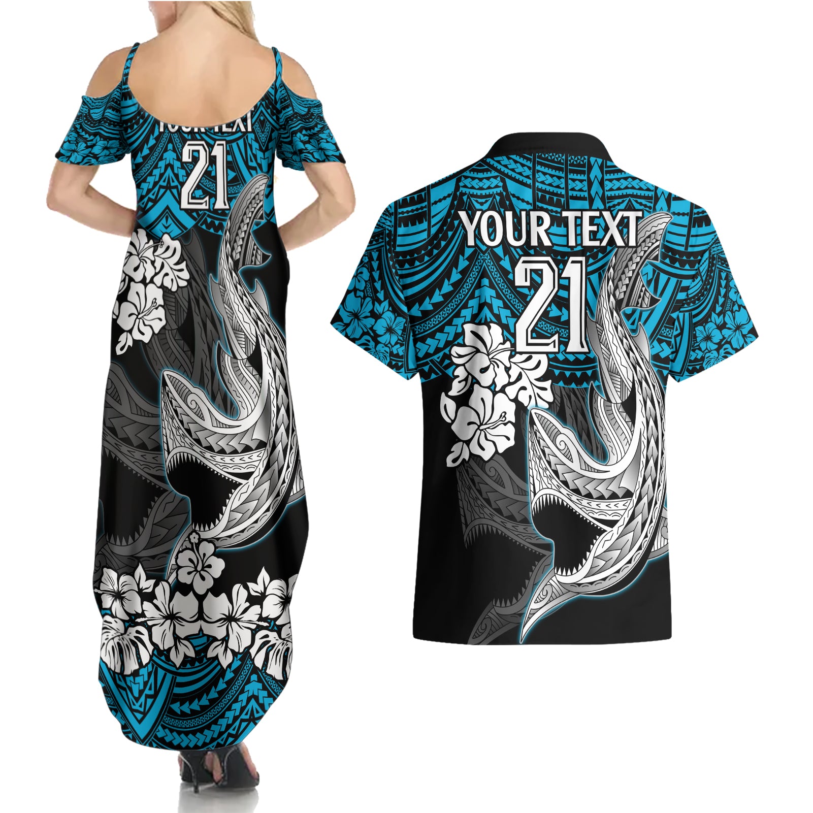 custom-sharks-rugby-couples-matching-summer-maxi-dress-and-hawaiian-shirt-hibiscus-and-sharkies-tattoo-with-polynesian-pattern