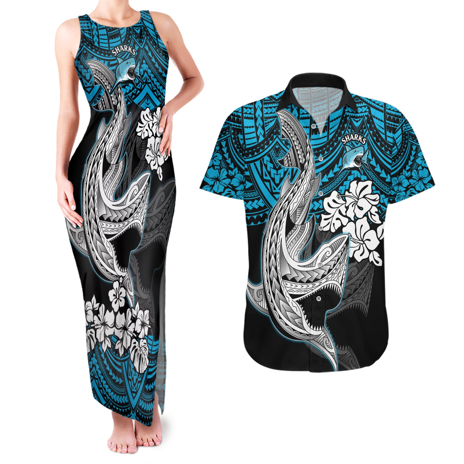 custom-sharks-rugby-couples-matching-tank-maxi-dress-and-hawaiian-shirt-hibiscus-and-sharkies-tattoo-with-polynesian-pattern