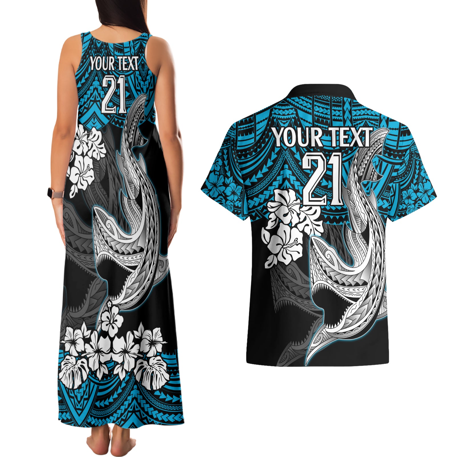 custom-sharks-rugby-couples-matching-tank-maxi-dress-and-hawaiian-shirt-hibiscus-and-sharkies-tattoo-with-polynesian-pattern