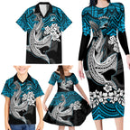 custom-sharks-rugby-family-matching-long-sleeve-bodycon-dress-and-hawaiian-shirt-hibiscus-and-sharkies-tattoo-with-polynesian-pattern