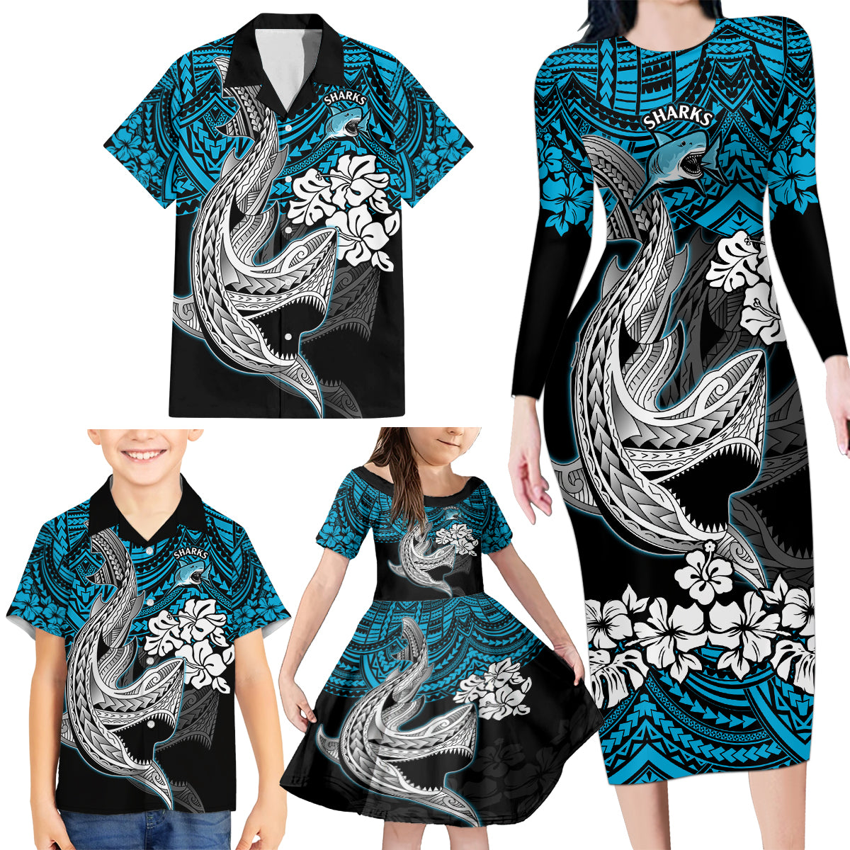 custom-sharks-rugby-family-matching-long-sleeve-bodycon-dress-and-hawaiian-shirt-hibiscus-and-sharkies-tattoo-with-polynesian-pattern