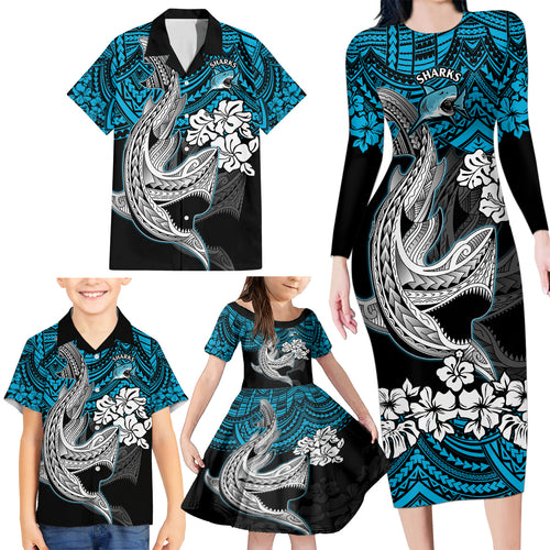 custom-sharks-rugby-family-matching-long-sleeve-bodycon-dress-and-hawaiian-shirt-hibiscus-and-sharkies-tattoo-with-polynesian-pattern