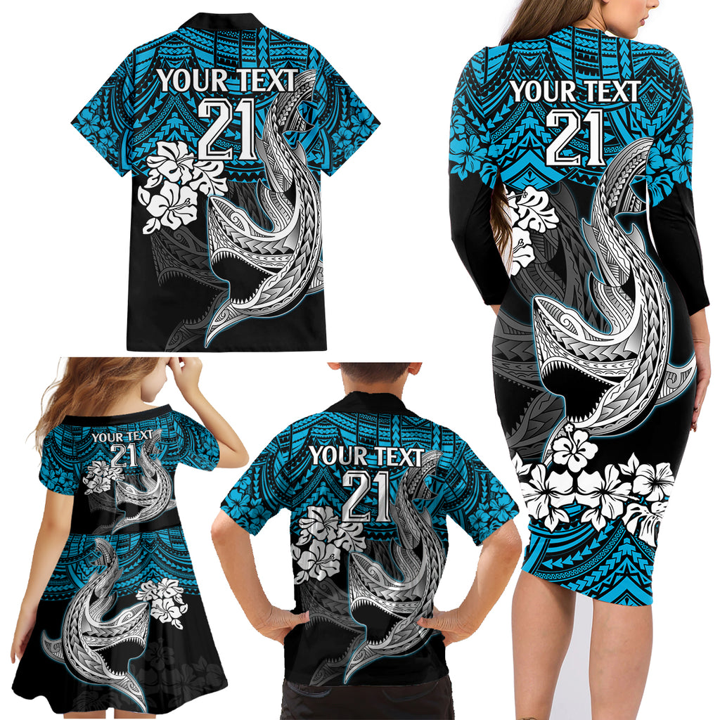 custom-sharks-rugby-family-matching-long-sleeve-bodycon-dress-and-hawaiian-shirt-hibiscus-and-sharkies-tattoo-with-polynesian-pattern