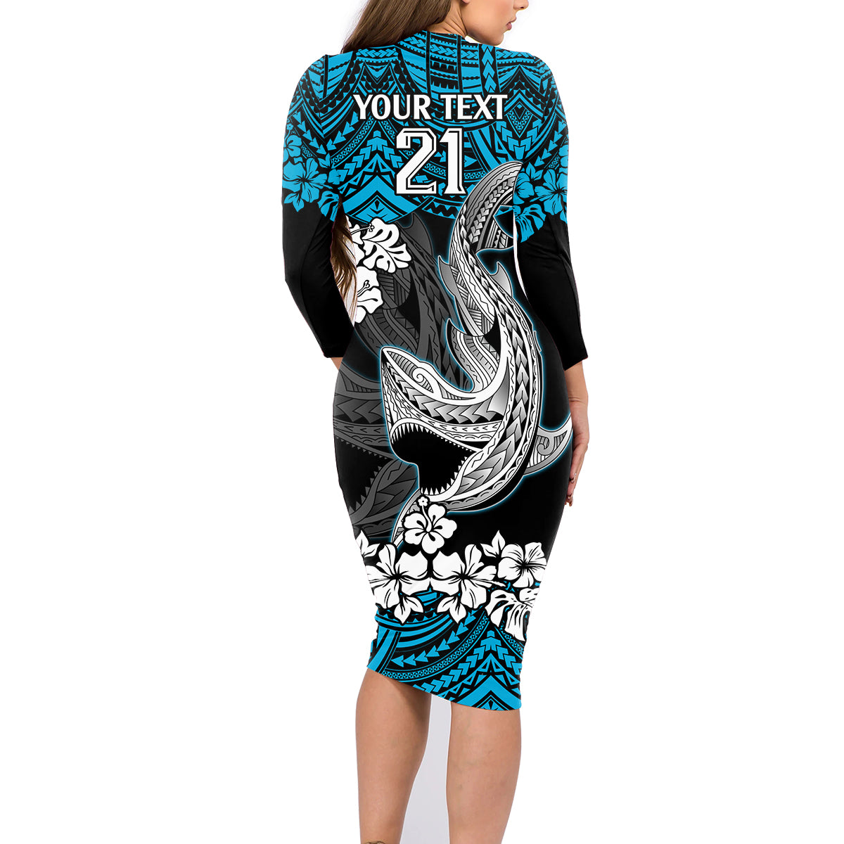 custom-sharks-rugby-family-matching-long-sleeve-bodycon-dress-and-hawaiian-shirt-hibiscus-and-sharkies-tattoo-with-polynesian-pattern