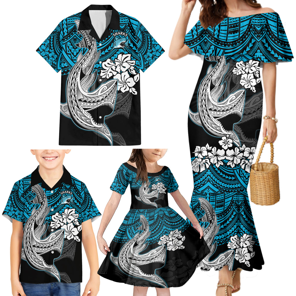 custom-sharks-rugby-family-matching-mermaid-dress-and-hawaiian-shirt-hibiscus-and-sharkies-tattoo-with-polynesian-pattern