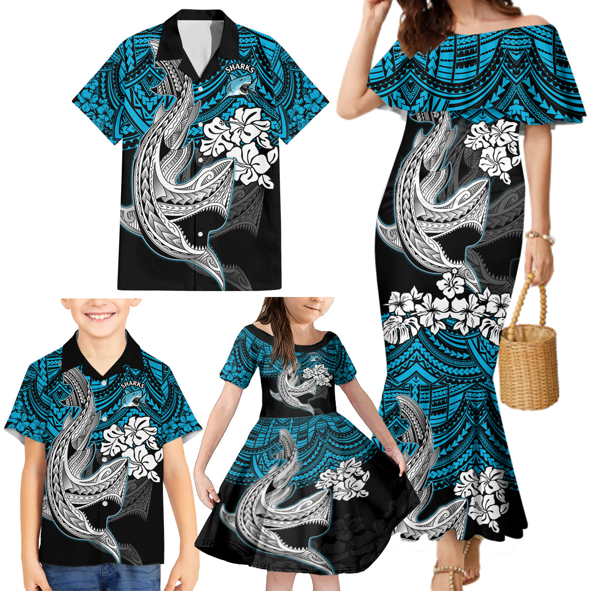 custom-sharks-rugby-family-matching-mermaid-dress-and-hawaiian-shirt-hibiscus-and-sharkies-tattoo-with-polynesian-pattern
