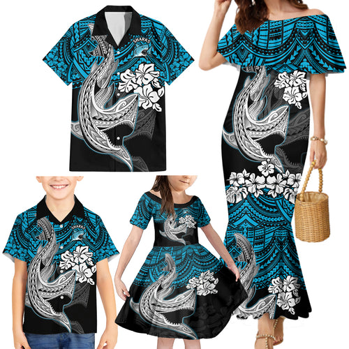 custom-sharks-rugby-family-matching-mermaid-dress-and-hawaiian-shirt-hibiscus-and-sharkies-tattoo-with-polynesian-pattern