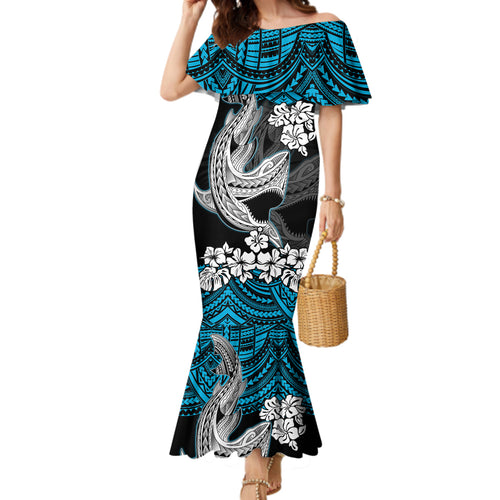 custom-sharks-rugby-family-matching-mermaid-dress-and-hawaiian-shirt-hibiscus-and-sharkies-tattoo-with-polynesian-pattern
