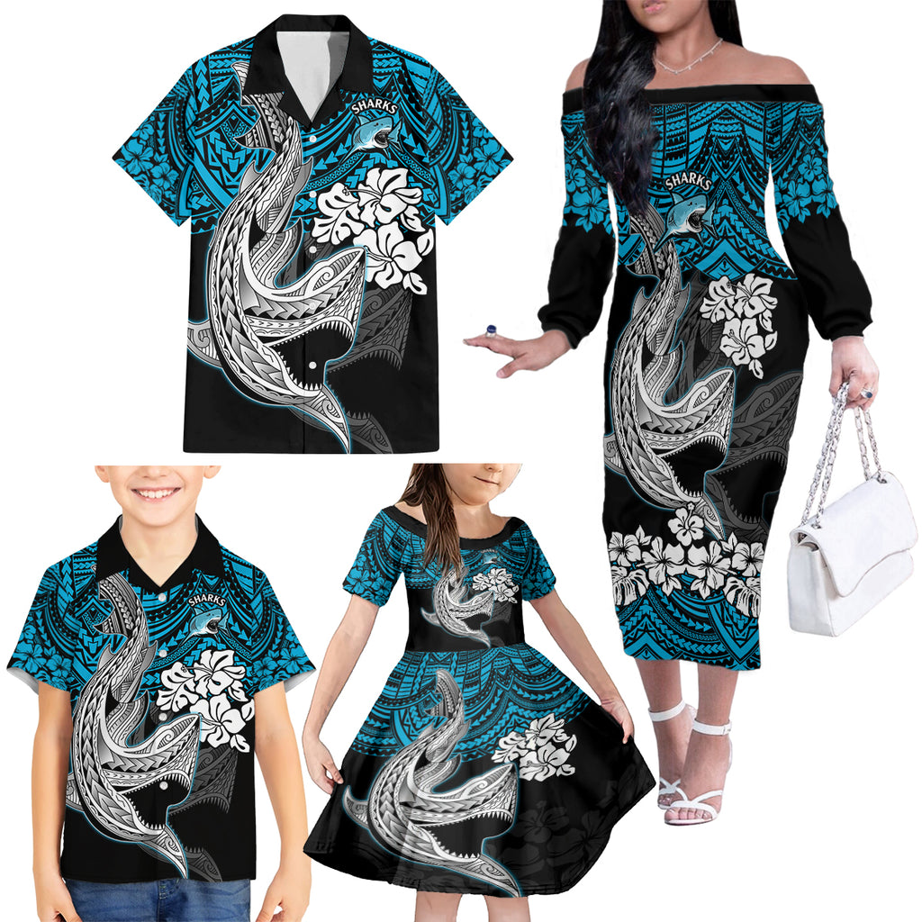 custom-sharks-rugby-family-matching-off-shoulder-long-sleeve-dress-and-hawaiian-shirt-hibiscus-and-sharkies-tattoo-with-polynesian-pattern
