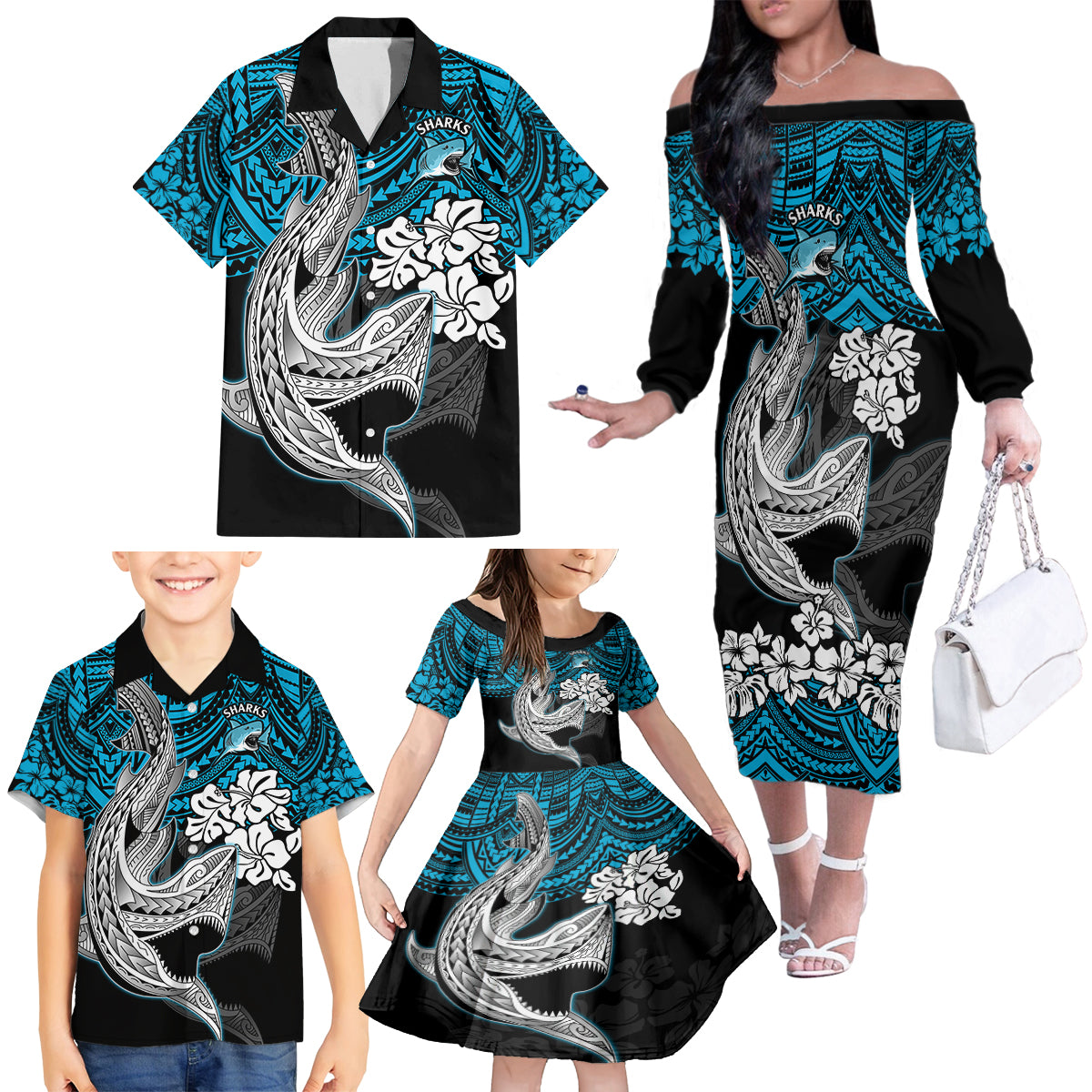 custom-sharks-rugby-family-matching-off-shoulder-long-sleeve-dress-and-hawaiian-shirt-hibiscus-and-sharkies-tattoo-with-polynesian-pattern