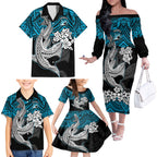 custom-sharks-rugby-family-matching-off-shoulder-long-sleeve-dress-and-hawaiian-shirt-hibiscus-and-sharkies-tattoo-with-polynesian-pattern