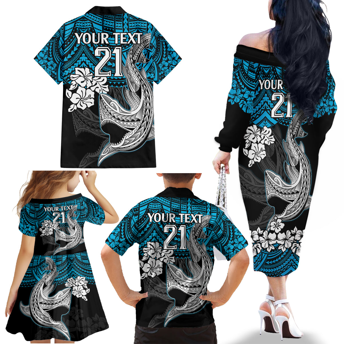custom-sharks-rugby-family-matching-off-shoulder-long-sleeve-dress-and-hawaiian-shirt-hibiscus-and-sharkies-tattoo-with-polynesian-pattern