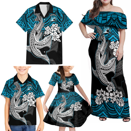 custom-sharks-rugby-family-matching-off-shoulder-maxi-dress-and-hawaiian-shirt-hibiscus-and-sharkies-tattoo-with-polynesian-pattern