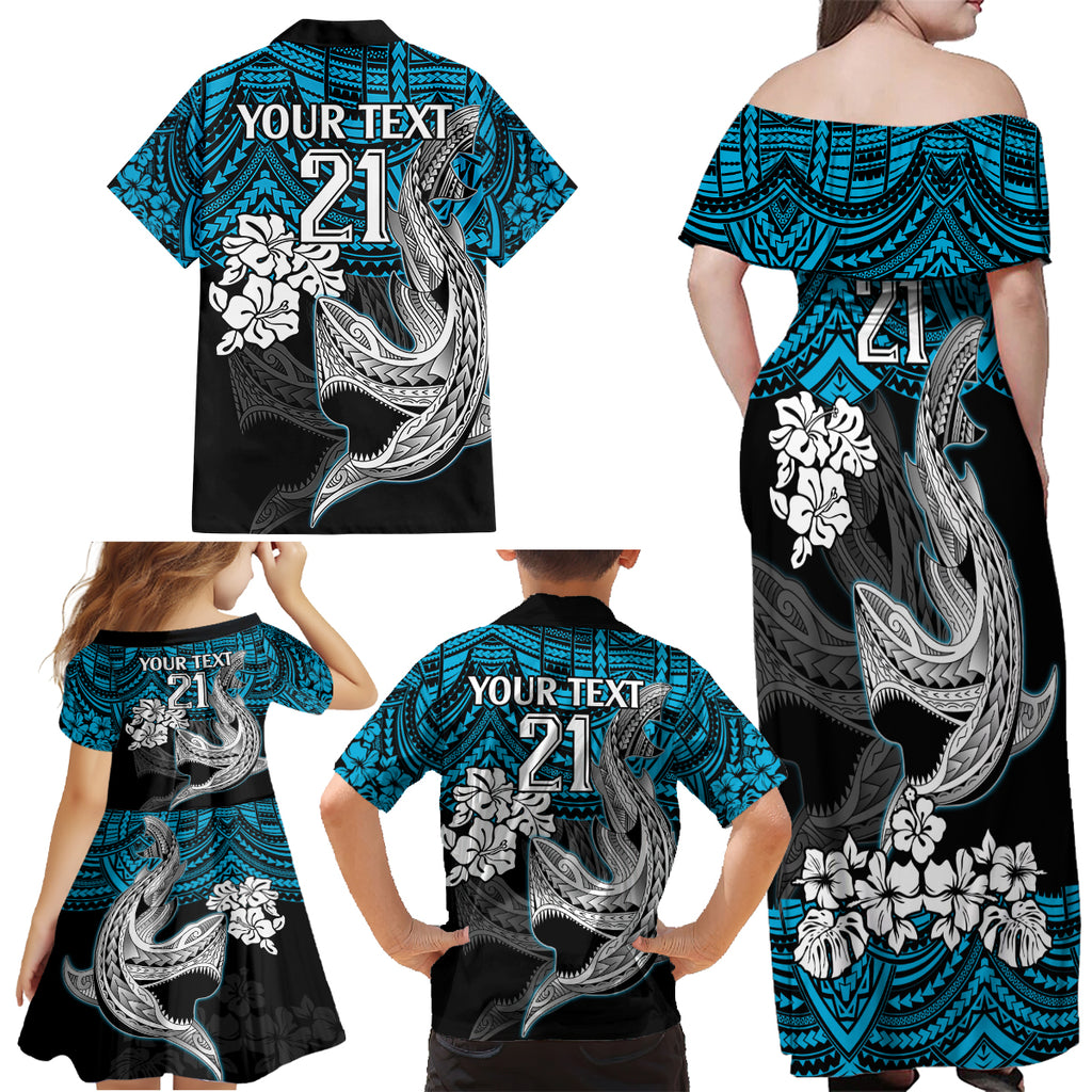 custom-sharks-rugby-family-matching-off-shoulder-maxi-dress-and-hawaiian-shirt-hibiscus-and-sharkies-tattoo-with-polynesian-pattern
