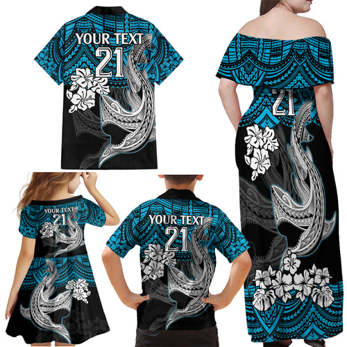 custom-sharks-rugby-family-matching-off-shoulder-maxi-dress-and-hawaiian-shirt-hibiscus-and-sharkies-tattoo-with-polynesian-pattern