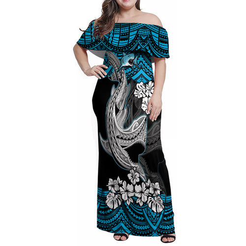 custom-sharks-rugby-family-matching-off-shoulder-maxi-dress-and-hawaiian-shirt-hibiscus-and-sharkies-tattoo-with-polynesian-pattern
