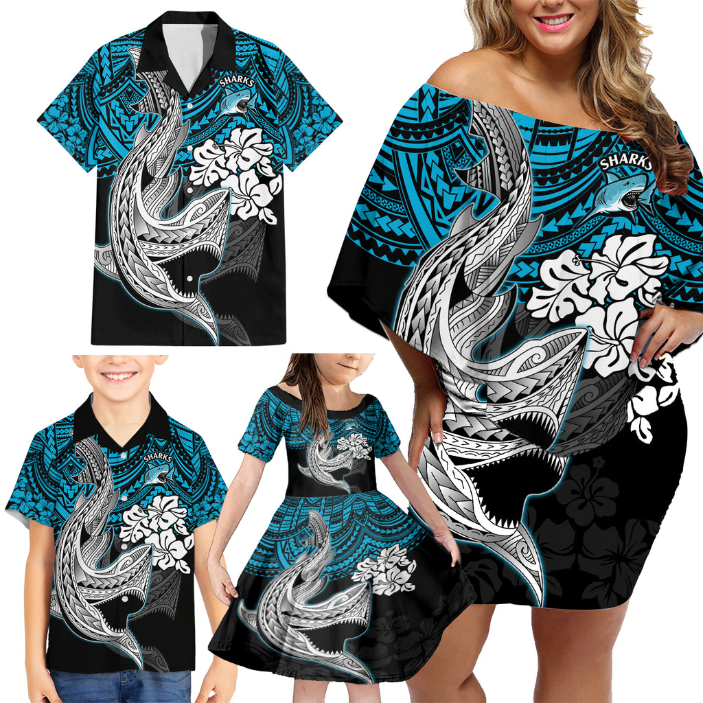 custom-sharks-rugby-family-matching-off-shoulder-short-dress-and-hawaiian-shirt-hibiscus-and-sharkies-tattoo-with-polynesian-pattern