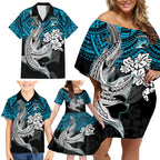 custom-sharks-rugby-family-matching-off-shoulder-short-dress-and-hawaiian-shirt-hibiscus-and-sharkies-tattoo-with-polynesian-pattern