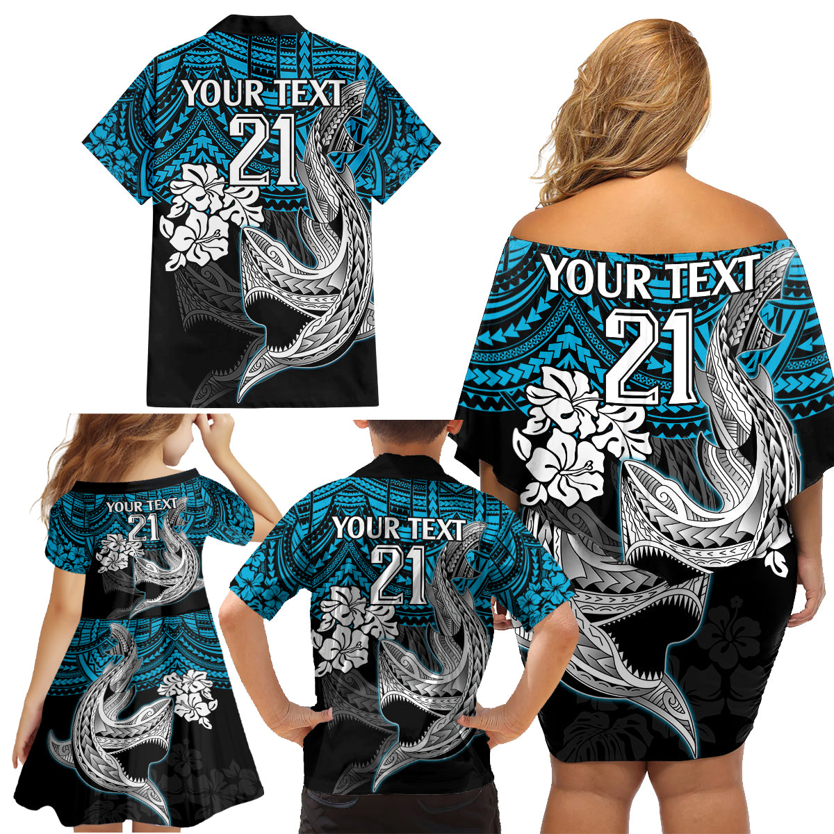 custom-sharks-rugby-family-matching-off-shoulder-short-dress-and-hawaiian-shirt-hibiscus-and-sharkies-tattoo-with-polynesian-pattern