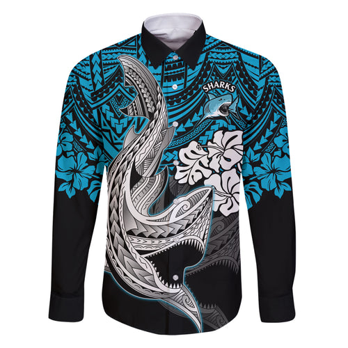 custom-sharks-rugby-family-matching-off-shoulder-short-dress-and-hawaiian-shirt-hibiscus-and-sharkies-tattoo-with-polynesian-pattern