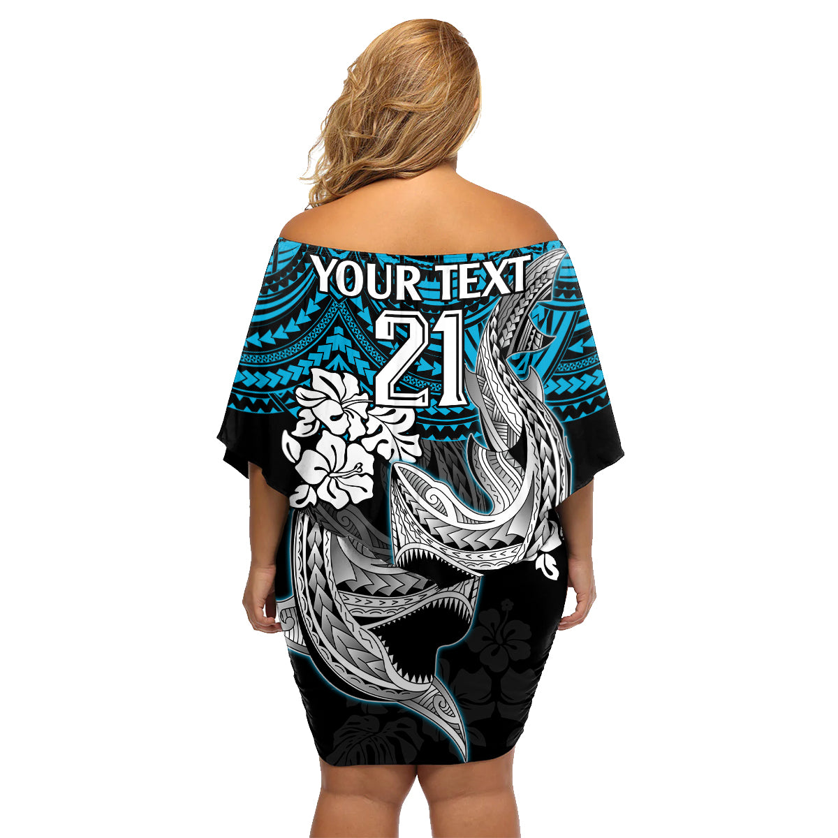 custom-sharks-rugby-family-matching-off-shoulder-short-dress-and-hawaiian-shirt-hibiscus-and-sharkies-tattoo-with-polynesian-pattern