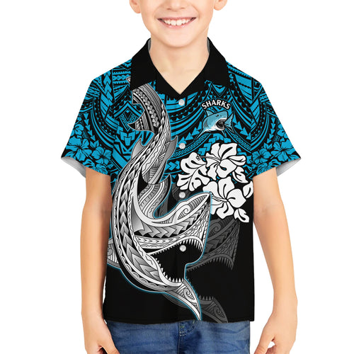 custom-sharks-rugby-family-matching-off-shoulder-short-dress-and-hawaiian-shirt-hibiscus-and-sharkies-tattoo-with-polynesian-pattern