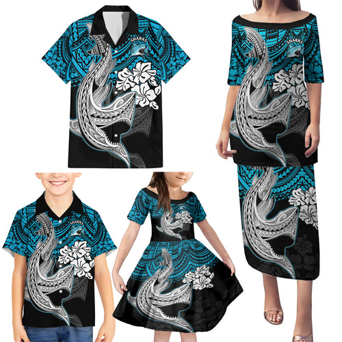 custom-sharks-rugby-family-matching-puletasi-dress-and-hawaiian-shirt-hibiscus-and-sharkies-tattoo-with-polynesian-pattern